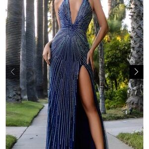EUC Portia and Scarlett Blue beaded full length gown with slit size 12.